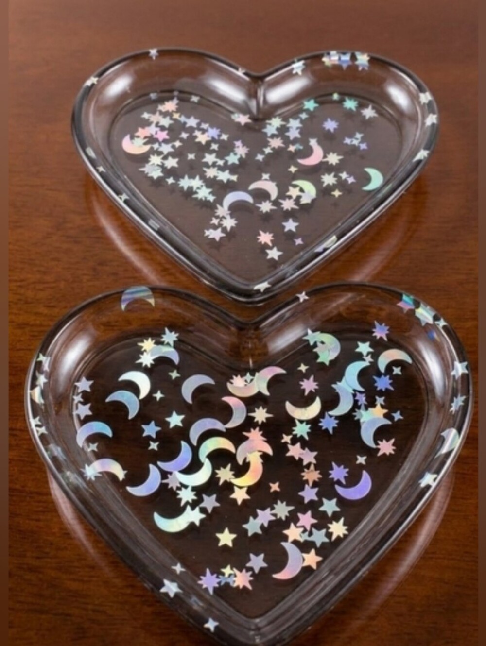 Handmade Resin Heart Trinket Trays Holographic Celestial Moon Star Jewelry